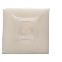 This adhesive mount cable tie base secures cable ties in place for wire bundling and routing. It measures 1.1 in L x 1.1 in W x 0.24 in H with a slot height of 0.07 in, designed for use with cable ties of 18 to 51 lb tensile strength. Color is natural, sold in a pack of 100.