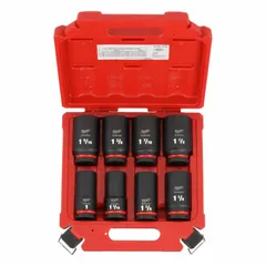 This 8-piece SAE impact socket set features a 3/4 in drive and includes sizes from 1 in to 1-1/2 in. The sockets use a friction retention mechanism for secure bit retention. Suitable for heavy-duty fastening and loosening tasks on industrial equipment, machinery, and automotive assemblies.
