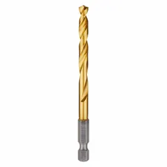 This 15/64" hex shank drill bit features a 135° split point for reduced walking and faster penetration. Constructed from TiN-coated high-speed steel, it is impact rated for use with impact drivers. Suitable for drilling in metal, wood, and plastic.