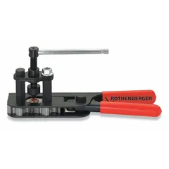 This handheld flaring tool produces single 45-degree flares on aluminum, brass, copper, or steel tubing. Constructed with a steel body and aluminum components, it has a tool length of 9 1/2 inches. Used for preparing tube ends in refrigeration, plumbing, and instrumentation systems.