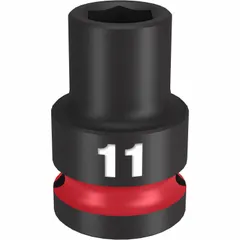 This 1/2" drive impact socket features an 11 mm metric, 6-point configuration for use with impact tools. The black phosphate finish provides corrosion resistance. Suitable for fastening and loosening fasteners in automotive, industrial, and maintenance applications.