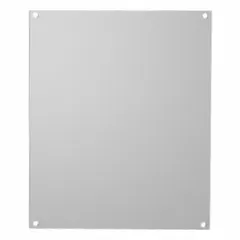 This steel back panel is designed for interior mounting within electrical enclosures. It provides a grounded surface for securing components such as terminal blocks, relays, and controllers. The powder finish offers corrosion resistance. Overall dimensions are 8.25 inches high by 6.25 inches wide.