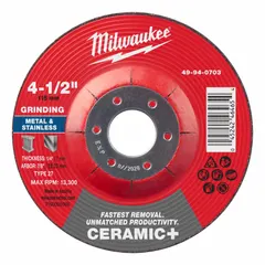 Type 27 grinding wheel with ceramic construction and 24 grit, sized 4 1/2" x 1/4" x 7/8". Designed for cool cutting on carbon and stainless steel. Suitable for heavy material removal and blending in fabrication, maintenance, and repair applications.