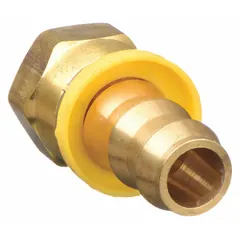 Brass push-on barbed hose fitting with 1/2 in male hose barb and 1/2 in female inverted flare connection. Suitable for air, water, and chemical transfer in industrial fluid handling, pneumatic systems, and chemical lines.
