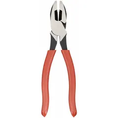 Multipurpose lineman's pliers with a flat jaw design, 9 3/8 in overall length, 1 5/8 in jaw length, 1 1/4 in jaw width, and 5/8 in jaw thickness. Features an integrated nail cutter and heavy plastic-dipped handles. Suitable for gripping, twisting, and cutting wire in electrical, construction, and maintenance applications.