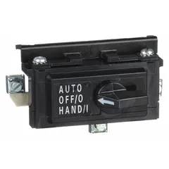 NEMA motor starter selector switch with Hand/Off/Auto positions. Black finish. Used for selecting operating mode on NEMA motor starters in industrial motor control applications.
