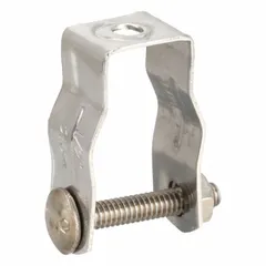 Stainless steel screw-on conduit and cable hanger for 1/2-inch EMT trade size. Polished finish provides corrosion resistance. Used to mount electrical metallic tubing in industrial environments.