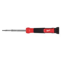 This multi-bit screwdriver combines nut driver, Phillips, slotted, and Torx tips in one tool. It includes 8 tips and has an overall length of 7 1/4 inches, suitable for driving and removing fasteners in electrical, mechanical, and general maintenance tasks.