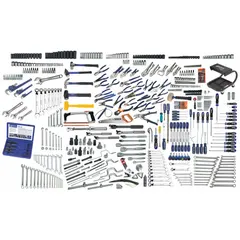 This 604-piece tool-only set includes 1/4 in, 3/8 in, and 1/2 in socket drives in both Metric and SAE sizes. Contents feature long-nose pliers, slotted screwdrivers, accessories, and adjustable wrenches. Suitable for maintenance, repair, and assembly tasks on fasteners and components.