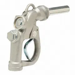 This manual nozzle is designed for fluid transfer from drums in industrial settings. It features an aluminum body and spout with a rigid extension, is pressure activated, and delivers a maximum flow rate of 90 gpm. No meter is included.
