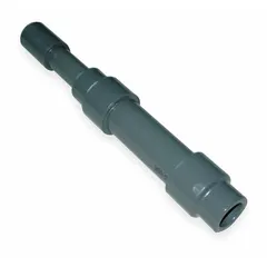This telescoping slip-socket expansion joint compensates for thermal expansion and contraction in piping systems. It features a CPVC bulb, FKM seal material, and a maximum operating pressure of 235 psi. Suitable for applications where temperature fluctuations cause pipe movement.