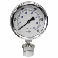 4-inch dial pressure gauge with 316 stainless steel female-threaded mini-seal, range 0-1000 psi, accuracy ±1.00%. Features 304 stainless steel case with glycerin fill, 316 stainless steel seal lower housing, mineral oil seal fill, and stainless steel wetted parts. Suitable for measuring pressure in industrial systems handling corrosive or viscous media