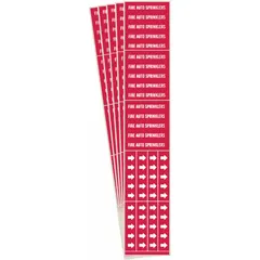Adhesive pipe marker for identifying fire auto sprinkler piping. Red background with white legend text and directional arrows. Fits pipe outer diameters of 3/4 inch and smaller. Pack of 5 markers for consistent labeling in commercial and industrial facilities.