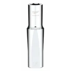This 6-point deep socket features an anti-roll design to prevent rolling on sloped surfaces. With a 1/2 in drive and 12 mm size, it is suited for fastening or loosening nuts and bolts in recessed or hard-to-reach areas. The chrome finish provides corrosion resistance. Commonly used in automotive, machinery, and industrial maintenance applications.