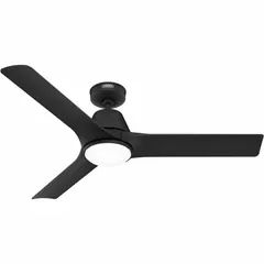 This HUNTER ceiling fan is designed for office and commercial spaces, providing adjustable airflow with six speeds. The 52-inch blade diameter and matte black finish suit medium to large areas. It includes an integrated light kit for ambient illumination, with a galvanized material construction.