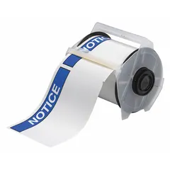 White vinyl precut label roll with NOTICE header, sized 4 in x 6 1/4 in and 6 1/4 in x 4 in. Acrylic adhesive provides secure bonding. Compatible with GlobalMark 2 printer series. Used for creating safety notices in industrial environments.