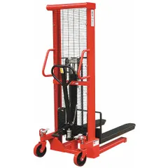 This fork-over stacker is designed for lifting and moving palletized loads in warehouses and distribution centers. Forks measure 43 in length by 6 1/4 in width, with a width across forks of 27 in. Overall dimensions are 63 in length, 28 1/2 in width, and 78 in height.