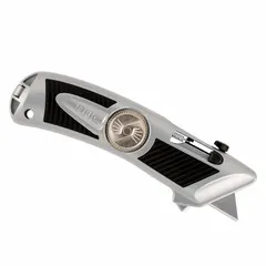 This automatic retracting utility knife features a rubberized grip and aluminum body with a quick-change mechanism for blade replacement. It has an overall length of 6 inches and overall width of 1 3/4 inches. Suitable for cutting cardboard, shrink wrap, and packaging materials in warehouses and shipping departments.