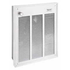 This Dayton large recessed electric wall heater operates on 240/277V AC single phase with selectable wattage output of 1500 W or 3000 W. It features a white grille and is non-programmable. Rough-in dimensions are 18-1/4 in x 14-5/8 in x 3-7/8 in. Suitable for supplemental or primary heating in commercial and industrial spaces such as warehouses, workshops, and plant offices.
