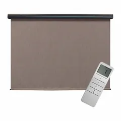 Motorized outdoor shade with remote control, 8 ft valence width, light brown fabric, and oil-rubbed bronze valance. Uses a cable tie-down system for secure installation. Suitable for patios, decks, or pergolas to block sun and reduce heat.