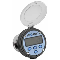 This oval gear totalizer from FLOMEC is designed for volumetric flow measurement of fuels. It features a digital display, 4-20 mA output, and +/-0.5% accuracy. The unit has a 1/8 in FNPT connection, aluminum body, PTFE seals, and operates at a maximum voltage of 3.6V DC.