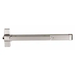 This DORMAKABA rim-type exit device features a touchbar style for push-pad release on commercial egress doors up to 48 inches wide. The chrome finish provides a clean appearance. ADA compliant for accessibility in public buildings such as offices, schools, and retail spaces.