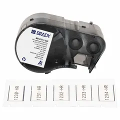 Polyolefin, white matte sleeve label roll cartridge for wire and cable identification. Measures 1 in x 21/32 in, accommodates wire gauges from 4 AWG to 12 AWG. Compatible with Brady M510 printer series.