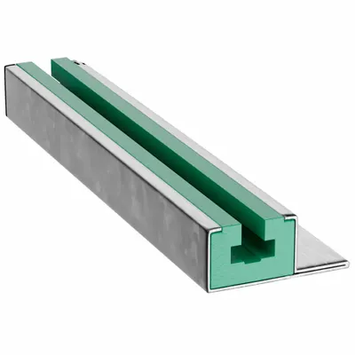 MJ MAY Chain Guide: For Chain # 35, Single Pitch, Green UHMWPE, Galvanized Steel Flanged Frame - Type CKG 15V Chain Guide with Type C Flanged Frame