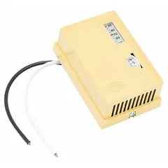 Single-temperature pneumatic thermostat with direct action and a 2-pipe, high-volume air flow output. Temperature control range of 55° to 85°F. Designed for vertical mounting and includes a cover. Used in HVAC systems for regulating temperature in commercial or industrial spaces.