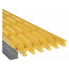 Flame-resistant structural stair tread from the Safe-T-Span series, featuring a gritted surface for slip resistance. Constructed from corrosion-resistant fiberglass, it is suited for industrial environments requiring a durable walking surface. Tread depth is 10 1/2 inches, width is 2 1/2 feet.