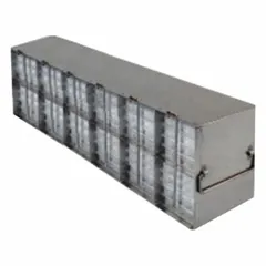 Stainless steel freezer rack with locking rods for secure storage of samples or small items in laboratory and industrial freezers. Overall dimensions: 22 in length, 5 1/2 in width. Corrosion-resistant construction suitable for cold storage environments.
