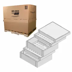 This insulated foam shipping container features a 2 in thick white EPS foam insert and a corrugated cardboard outer box. It is designed for thermal protection of temperature-sensitive shipments during transport, such as pharmaceuticals, biologics, or perishable goods.