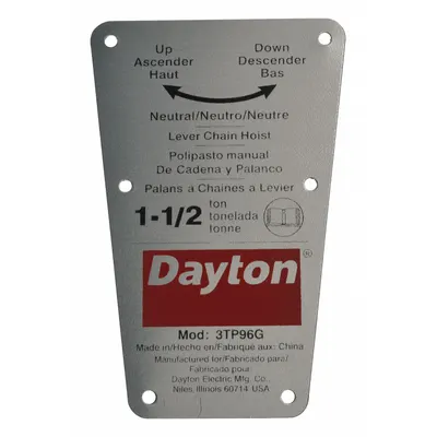 DAYTON Capacity Label for 3TP96G, Fits Dayton Brand - GGS Material Handling Parts