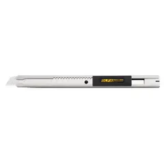 This 9mm snap-off knife features a plain, straight stainless steel blade with 13 segments and a silver finish. The overall length is 5 1/2 inches, and no blades are stored in the handle. It is used for precision cutting of materials such as cardboard, paper, vinyl, and thin plastics.