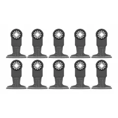 Bi-metal Starlock mounted blade for plunge cutting in hardwood. Overall length 4 in, blade width 2 1/2 in. Sold in a 10-pack. Suitable for flush cuts and precise plunge cuts in woodworking and renovation tasks.