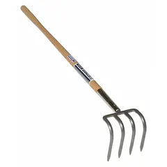 This agricultural fork features a steel head for lifting and moving potatoes, root crops, or refuse. The straight wood handle is 54 inches long, providing leverage for manual tasks in fields, greenhouses, or waste management.