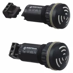 This buzzer alarm produces an audible signal for alerting in industrial environments. It operates on 24V AC/DC with a power consumption of 0.73 W. The unit has a 28 mm diameter black housing and is suitable for both indoor and outdoor use. Typical applications include control panels, machinery, and safety systems.