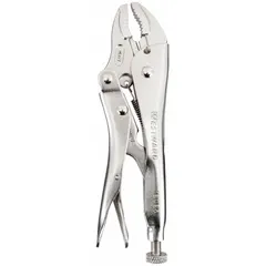 Curved-jaw locking pliers with a quick-release mechanism for one-handed operation. Jaw length of 1 in and maximum jaw opening of 1-1/2 in. Overall length of 7 in. Used for clamping, gripping, and holding workpieces in metalworking, fabrication, and maintenance tasks.