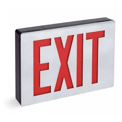 This LED exit sign features a black aluminum housing with red text and two illuminated faces. It is designed for ceiling mounting and operates on 120/277 V AC without battery backup. Universal field selectable chevrons allow directional indication. Suitable for marking emergency egress paths in commercial and industrial settings.