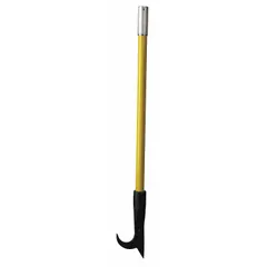 This pike pole features an American hook design with a 36-inch round fiberglass handle. It is used in firefighting and rescue operations for pulling ceilings, opening walls, and debris removal. The fiberglass handle provides electrical insulation.