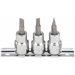 This 25-piece slotted bit socket set includes 12 slotted bit sockets with a 3/8 in drive size. Tip sizes range from 4 mm to 6 mm, suitable for driving slotted screws in maintenance, assembly, and repair tasks.