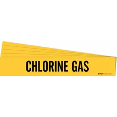 Yellow adhesive pipe marker with black legend text reading 'Chlorine Gas'. Fits pipe outer diameters from 2-1/2 to 7-7/8 inches. Supplied without arrows. Each pack contains 5 markers. Used to identify chlorine gas lines in piping systems for safety and compliance.