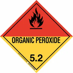 This BRADY placard measures 10 3/4 in x 10 3/4 in and displays the message 'ORGANIX PEROXIDE' with hazard class 5.2. It is used to identify containers holding organic peroxide materials during shipping and storage, meeting DOT hazard communication requirements for industrial facilities and logistics operations.