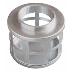 Steel suction strainer with 4-inch female NPT connections. Square perforations located on the side for straining debris from fluids in suction lines. Suitable for industrial fluid filtration applications.