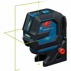 This green beam laser level projects three planes for simultaneous horizontal and vertical reference. It features pendulum self-leveling with ±1/8 in @ 30 ft accuracy and a range of 100–200 ft without a detector. Powered by AA batteries and includes a target for alignment tasks.