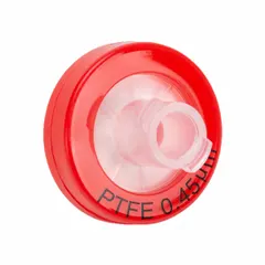 Non-sterile syringe filter with a 0.45 µm PTFE membrane and polypropylene housing. Features a female Luer Lock inlet and male Luer Slip outlet, with a 10 mL maximum capacity. Used for filtration of small-volume samples in analytical and industrial laboratories, including HPLC sample preparation and solvent filtration.