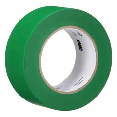 Green crepe paper masking tape for indoor/outdoor use on concrete surfaces. Provides clean paint lines and temporary surface protection during painting, coating, or construction projects. Roll width 1-7/8 in, pre-cut diameter 4-3/4 in, overall length 60-1/8 yd.