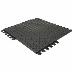 This 18 in x 18 in interlocking antifatigue mat tile features a diamond-plate surface made of rubber. It is designed for use in industrial environments where standing workers require a slip-resistant and fatigue-reducing surface. Typical applications include assembly lines, workstations, and machine shops.