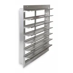 Wall-mount backdraft damper with double-panel construction and flat blades. Designed for horizontal airflow and vertical mounting, it allows air to exit and closes automatically to prevent reverse flow. Maximum air velocity 2500 fpm.