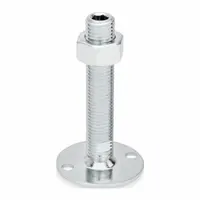 Swivel male leveling mount with round base, 3/4"-10 thread size, and 3,597 lbf load capacity. Includes a nut and mounting holes. Used for leveling and stabilizing machinery, conveyors, and workstations on uneven floors